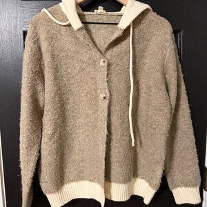 NWOT Hem & Thread Womens Button Down Hoodie Sweater Tan Cream Medium